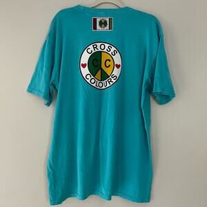 Cross Colours Peace Circle Graphic Print Short Sleeve T-Shirt Tee Blue Size L